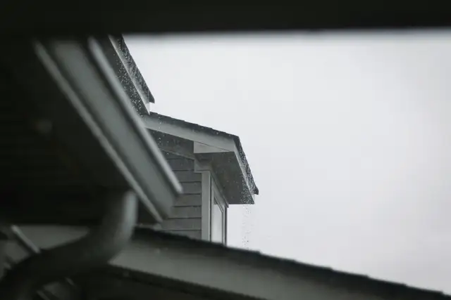 Gutter and roof edge of a grey house against an overcast sky