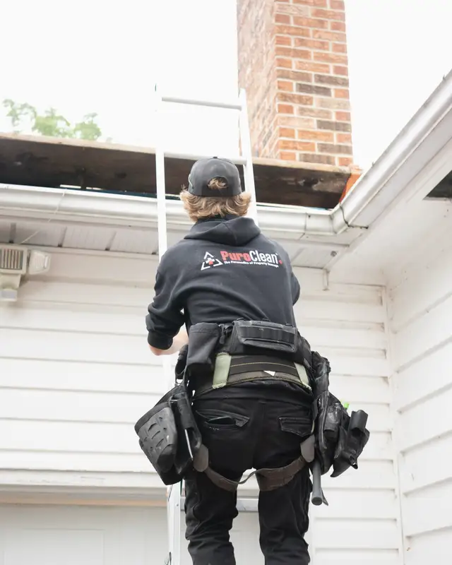 Roofer climbing to a chimney for a flashing inspection